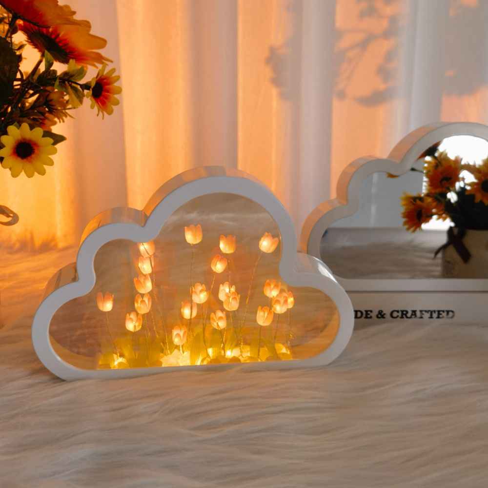 DIY Cloud Tulip Mirror Night Light Simulation Flower Bedroom Sleeping Table Lamp