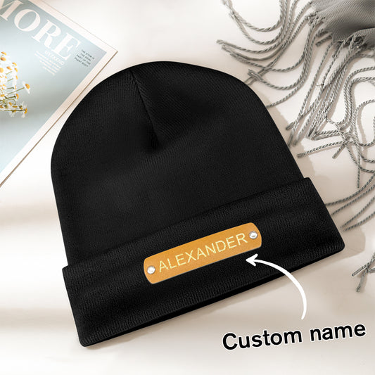 Front view of personalised leather patch beanie with custom name hot-stamped on the leather patch, knitted acrylic winter hat