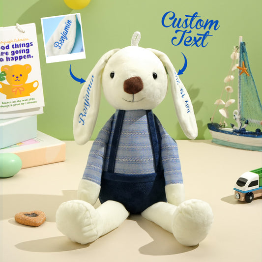 Personalised Bunny Plush Toy front view with embroidered name on ear, soft plush and PP cotton cuddle toy – custom rabbit gift for babies and kids