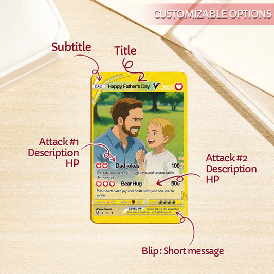 Personalised Father's Day Poke Card — front view of custom anime-inspired portrait printed on stainless steel, ideal keepsake gift for Dad in the UK and Australia
