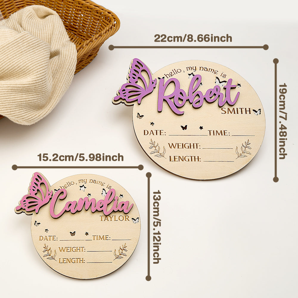 Customisable wooden birth announcement sign featuring an uploaded high-resolution photo and personalised text on butterfly-shaped keepsake for newborn photos
