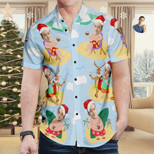 Personalised Christmas Hawaiian Shirt - front view of short-sleeve button-up holiday Aloha shirt with vivid all-over festive print, ideal custom photo gift