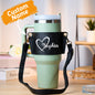 Adjustable strap detail of personalised PU leather carrier for 40oz Stanley tumbler — 64.7–118 cm (25.47–46.4 in) for shoulder or crossbody wear