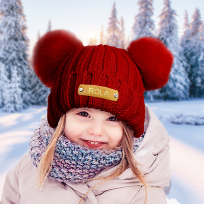 Selection of personalised baby beanies in five colours, each featuring a custom name leather patch – perfect baby shower present