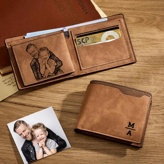 Personalised unisex bifold PU leather wallet with custom engraved photo and text, compact 12 x 9.7 x 2 cm with vintage textured finish