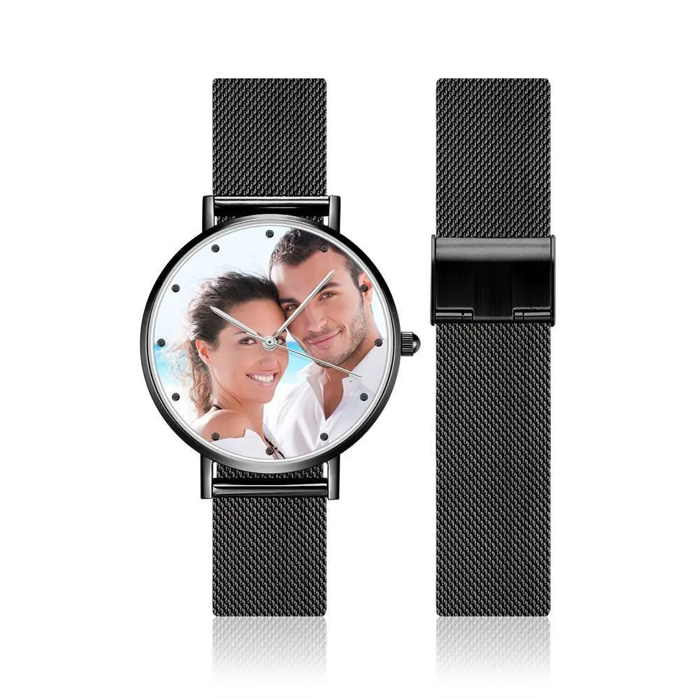 Unisex personalised photo watch worn on wrist size comparison 36mm and 40mm custom engraved timepiece gift