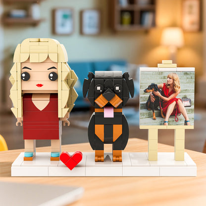 Framed personalised full-body brick figure of one person with dog, handcrafted from eco‑friendly ABS — perfect custom brick figure with frame for anniversary or birthday