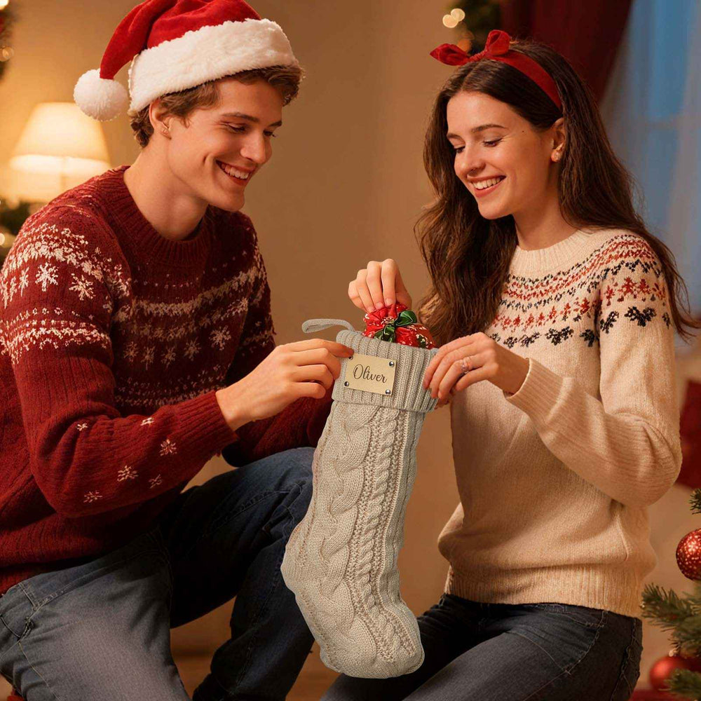 Personalized Christmas Stocking with Custom PU Leather Tag – Holiday Gift for Family & Kids