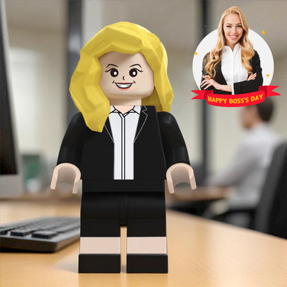 Close‑up of the custom brick figure's head and torso highlighting precise facial likeness, hairstyle and bright patterned outfit — a personalised face gift and funny cartoon gift, 3D printed in eco‑friendly PLA.