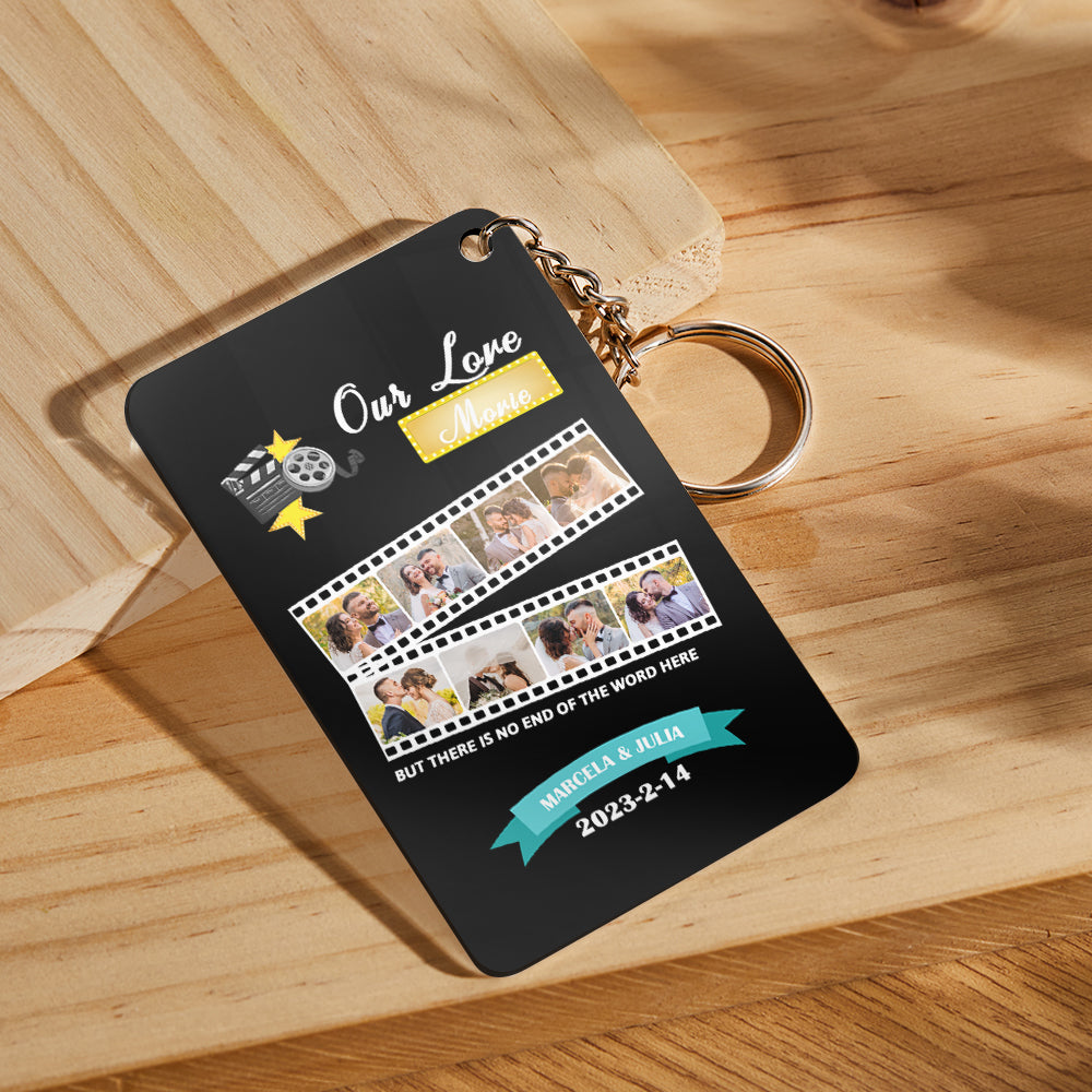 Custom Roll Photo Keychain shown in hand to illustrate size and lightweight acrylic finish perfect personalised keepsake