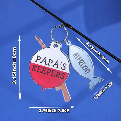Lifestyle image of personalised fishing keyring attached to keys — custom 'Papa's Keeper' gift for a fishing enthusiast
