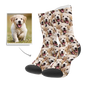 Close-up of a personalised pet photo sock with a printed dog face on a white crew sock — custom pet photo socks for men, women and kids