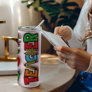 Personalized 3D Inflated Effect Apple Pencil Rainbow Design 20oz Skinny Tumbler Lid and Straw Back to School Gift for Teacher