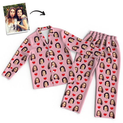 Personalised unisex long-sleeve pyjama set with all-over face print — made-to-order custom photo PJs with button-up top and matching elastic-waist trousers, ideal personalised gift