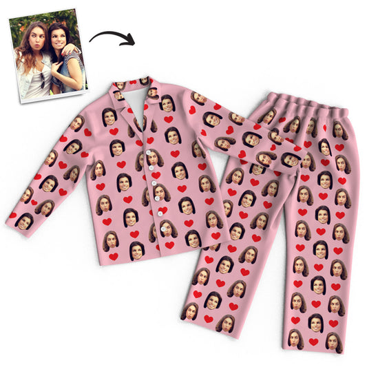 Personalised unisex long-sleeve pyjama set with all-over face print — made-to-order custom photo PJs with button-up top and matching elastic-waist trousers, ideal personalised gift