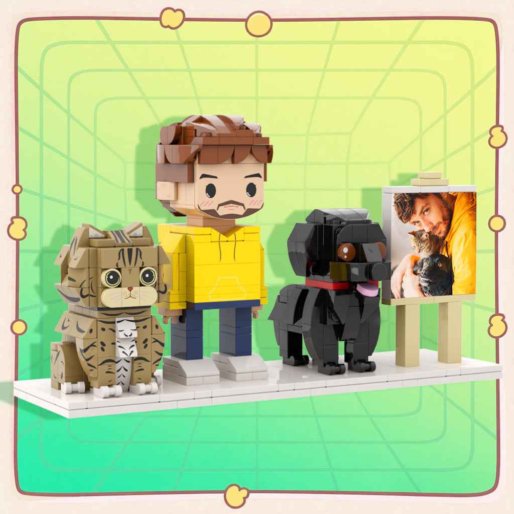 Custom Full-Body Cute Brick Figures of 1 Person, Cat & Dog with Frame Personalized Anniversary Gift Birthday Gift