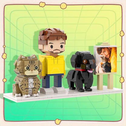 Personalised full‑body brick figure of one person with cat in display frame — custom anniversary and birthday gift, handcrafted eco‑friendly ABS