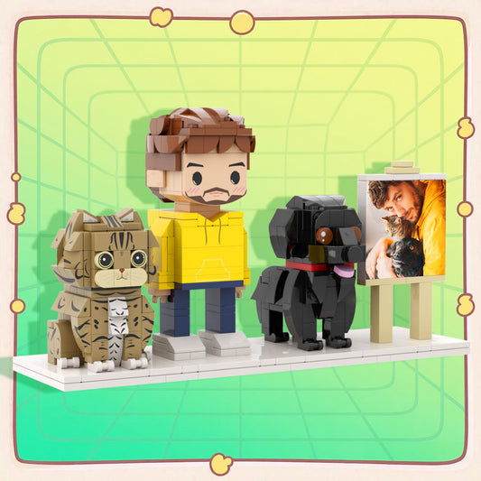 Personalised full‑body brick figure of one person with cat in display frame — custom anniversary and birthday gift, handcrafted eco‑friendly ABS