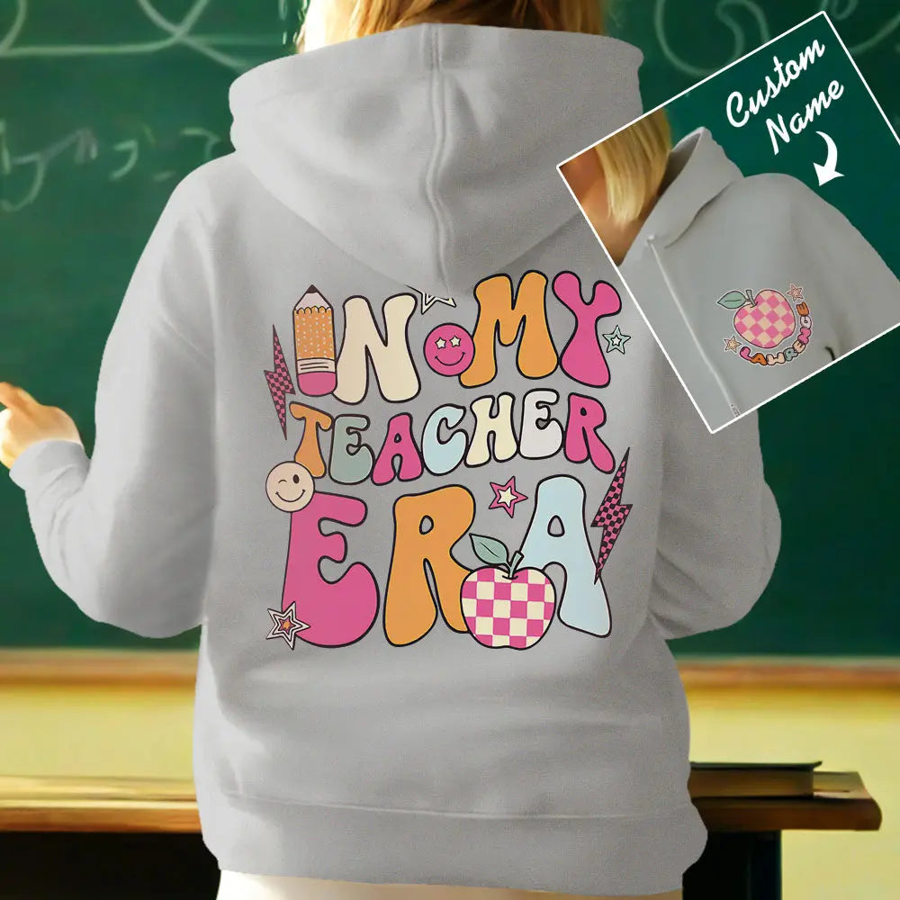Teacher wearing personalised 'In My Teacher Era' hoodie in classroom setting — thoughtful personalised gift for mentors and staff