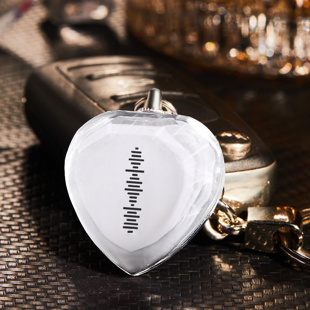 Multi-angle view of clear heart crystal keyring highlighting excellent light transmission and durable waterproof UV print — personalised music gift