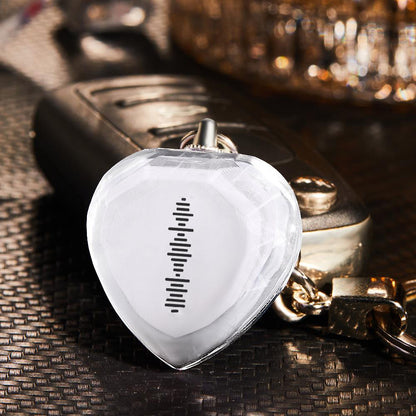 Multi-angle view of clear heart crystal keyring highlighting excellent light transmission and durable waterproof UV print — personalised music gift