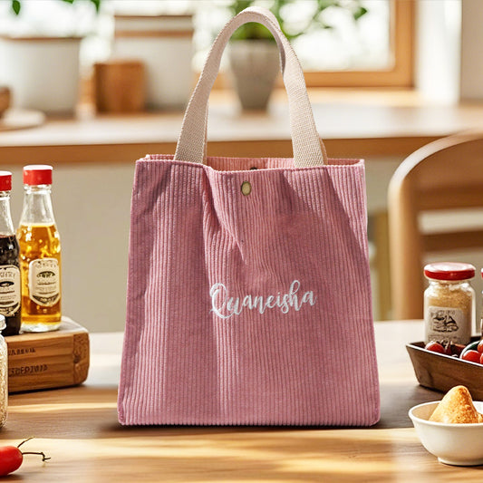 Personalised nylon mini lunch tote (23×23×13cm) with embroidered name – kids' school lunch bag gift