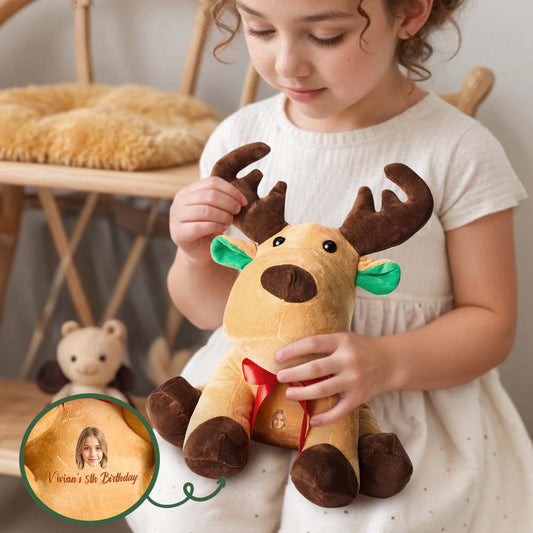 Front view of personalised moose plush toy with custom photo face and name on belly – soft cuddly gift for babies and kids