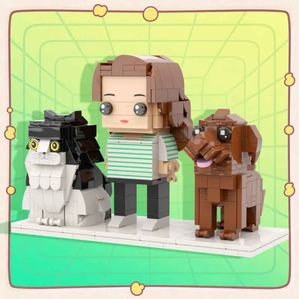 Custom Full-Body Brick Figures of 1 People with Cute Dog and Cat Personalized Birthday Gift