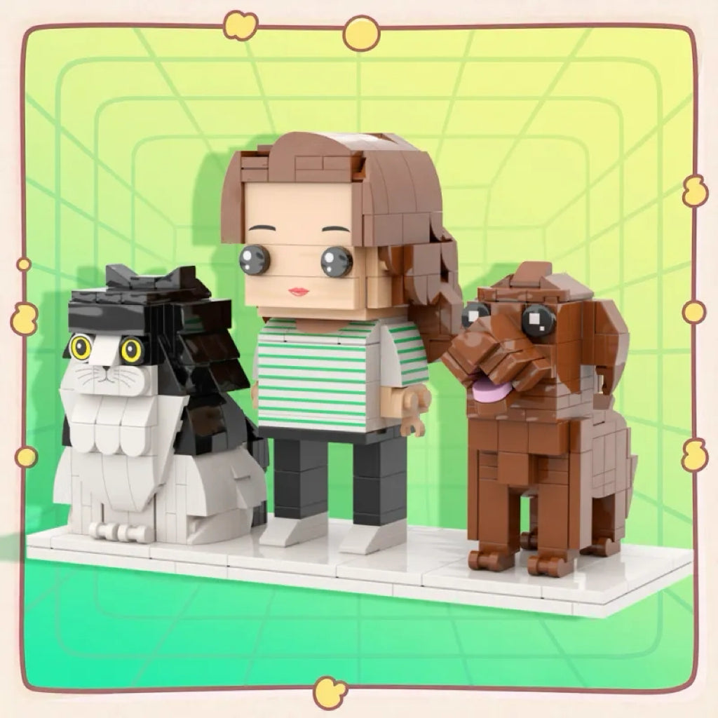 Side view of personalised brick figures with pets, showcasing a customised keepsake.