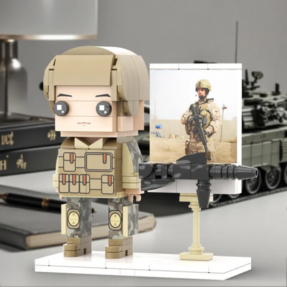 Custom full-body brick figure (one-person) in soldier theme — personalised photo-to-figure keepsake with Light Nougat skin tone, ideal personalised gift