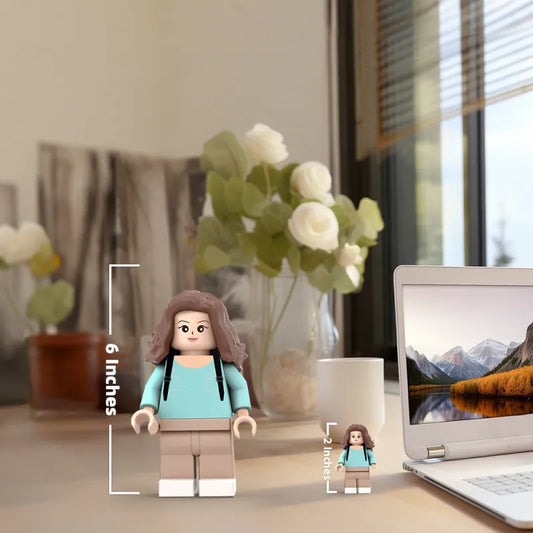 3D printed custom giant minifig personalised from a full-body photo in eco-friendly PLA showing accurate hairstyle, facial features and outfit