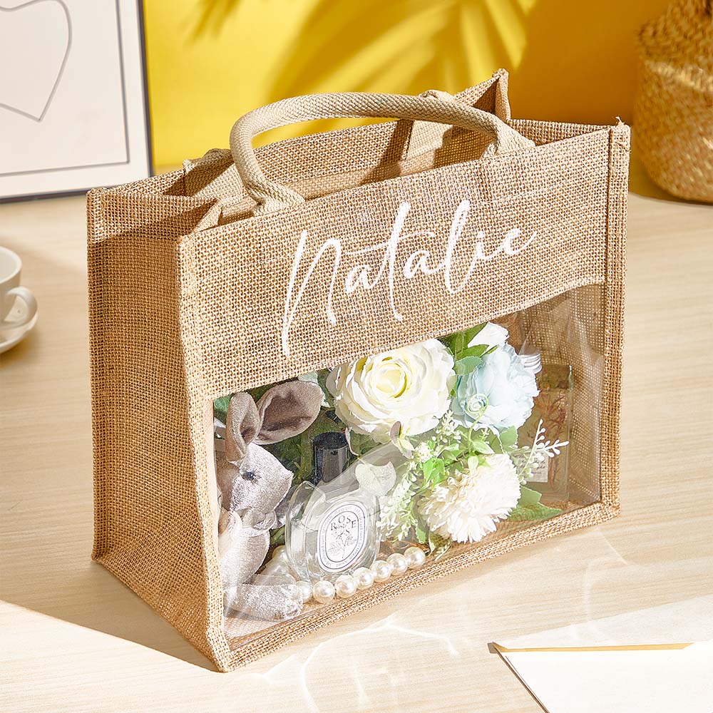 Personalised burlap tote styled with wedding-day essentials – practical bridesmaid proposal bag and keepsake for the bridal party