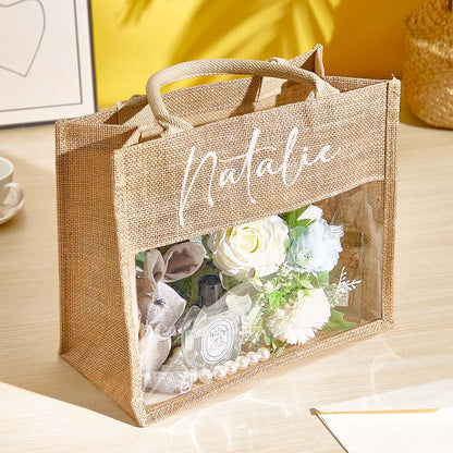Personalised burlap tote styled with wedding-day essentials – practical bridesmaid proposal bag and keepsake for the bridal party