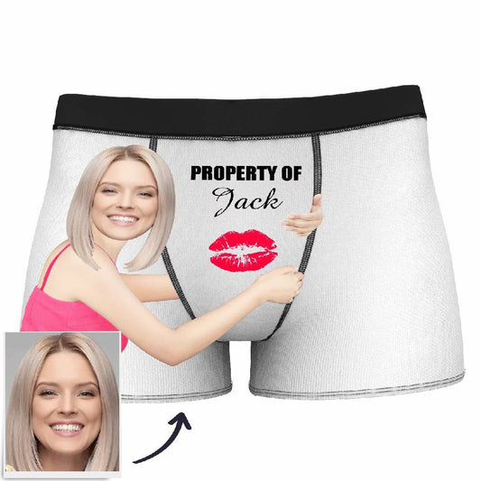Personalised men's 'Property of' boxer shorts with a custom face and name — personalised men's boxer shorts, novelty gift for him