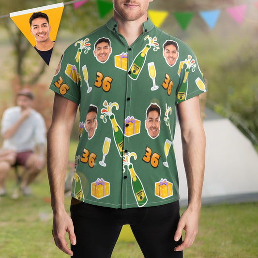 Personalised Hawaiian shirt with custom face photo print on a white background, a personalised Aloha shirt ideal as a birthday gift