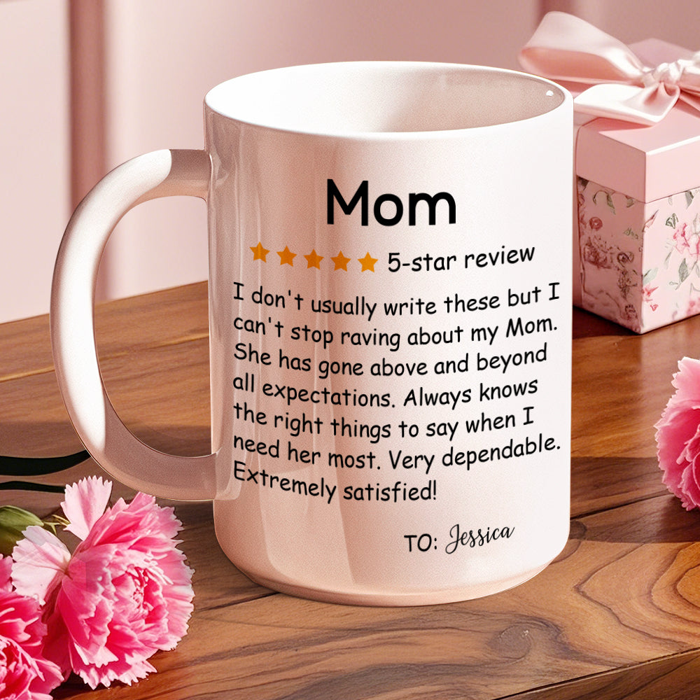 Styled product shot of personalised five-star review mug with flowers — unique personalised gift idea for Mum