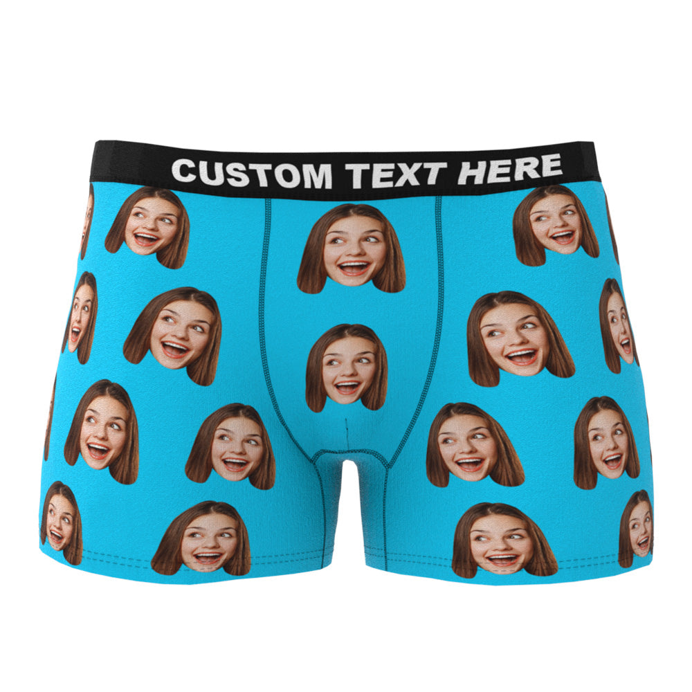 Back view of personalised face boxer shorts with continuous print — clear, long‑lasting heat transfer image on men's underwear