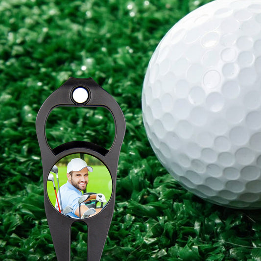 Personalised photo golf ball marker and bottle opener – custom magnetic golf marker with colour photo print on zinc alloy
