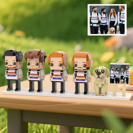Personalised full‑body brick‑style family portrait of four people plus a dog in a stylish frame — custom anniversary and birthday gift handcrafted from eco‑friendly ABS