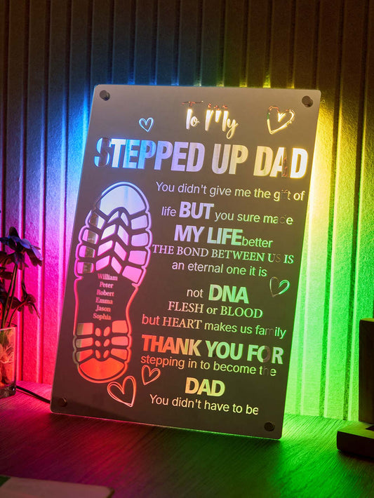 Personalised Dad Mirror Light with engraved footprint on clear acrylic, illuminated by LED base — perfect Father's Day keepsake.
