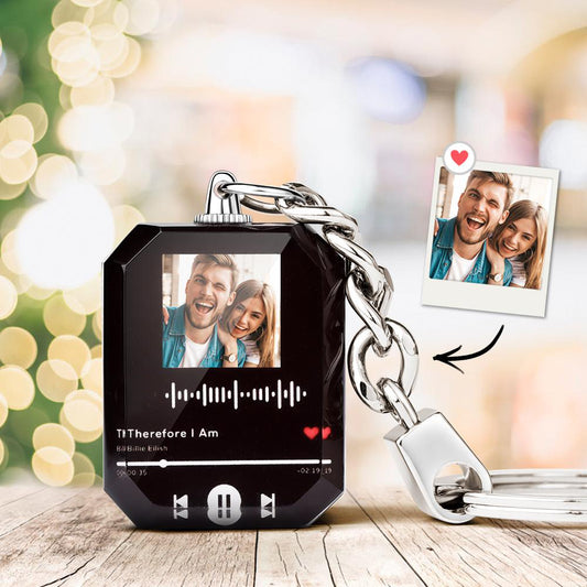 Personalised engraved scannable crystal keyring with custom photo and music code, double-sided clear pendant on a sturdy keyring