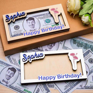 Custom Name & Text Birth Flower Wooden Money Box - Personalized Storage