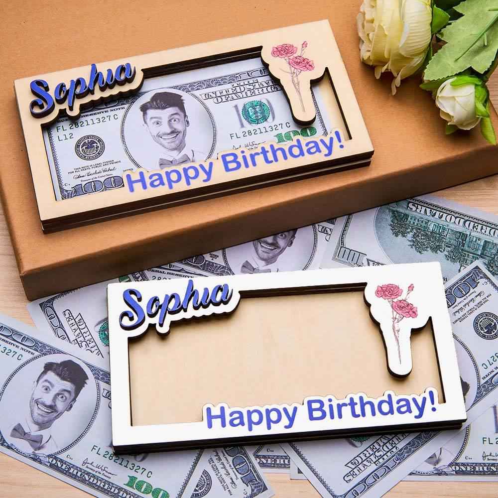 Custom Name & Text Birth Flower Wooden Money Box - Personalized Storage