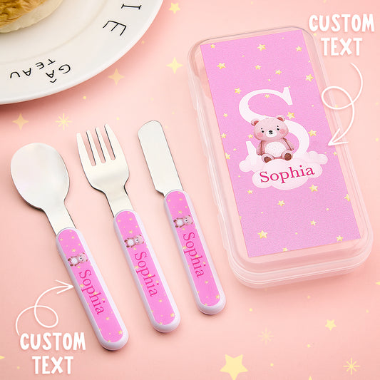 Personalised children's cutlery set with cartoon animal fork, spoon and knife in storage case – stainless steel heads and BPA-free PP handles, ideal birthday gift