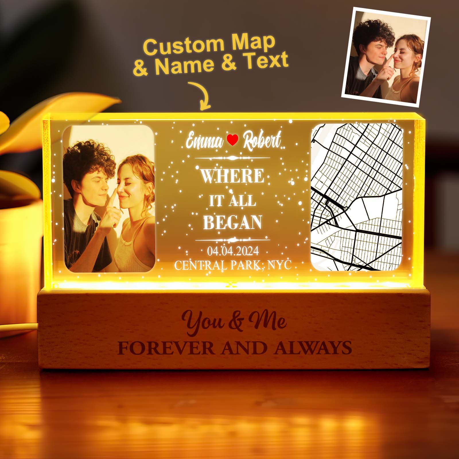 Personalised photo night light with map design in clear acrylic, a bespoke 15cm x 7cm lamp featuring a cherished couple's photo