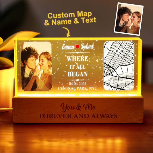Personalised photo night light with map design in clear acrylic, a bespoke 15cm x 7cm lamp featuring a cherished couple's photo