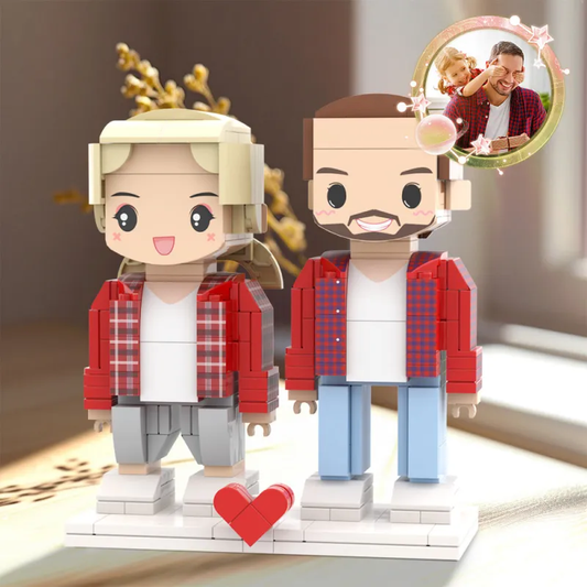 Pair of personalised full‑body building block figures with AI‑generated faces on a display base — custom 2‑person brick figures, ideal personalised Father’s Day gift, eco‑friendly ABS keepsake