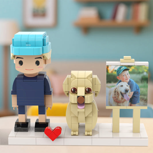 Custom full-body personalised brick figure of one person with dog in a neat frame – handcrafted eco-friendly ABS keepsake, ideal anniversary or birthday gift