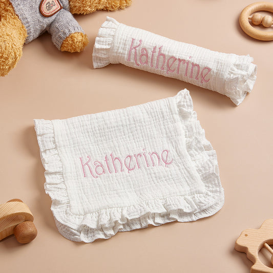 Personalised baby muslin towel with embroidered name on soft 100% cotton muslin, breathable and baby-safe.