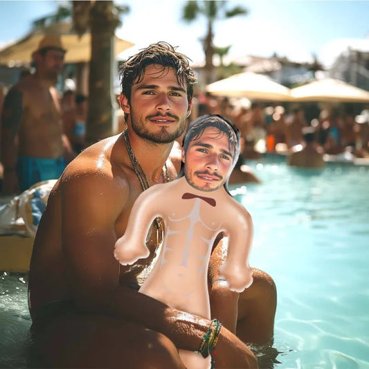 Personalised face inflatable doll with custom photo printing on high-quality PVC; a humorous gag gift for parties, a stag do, and wedding celebrations.